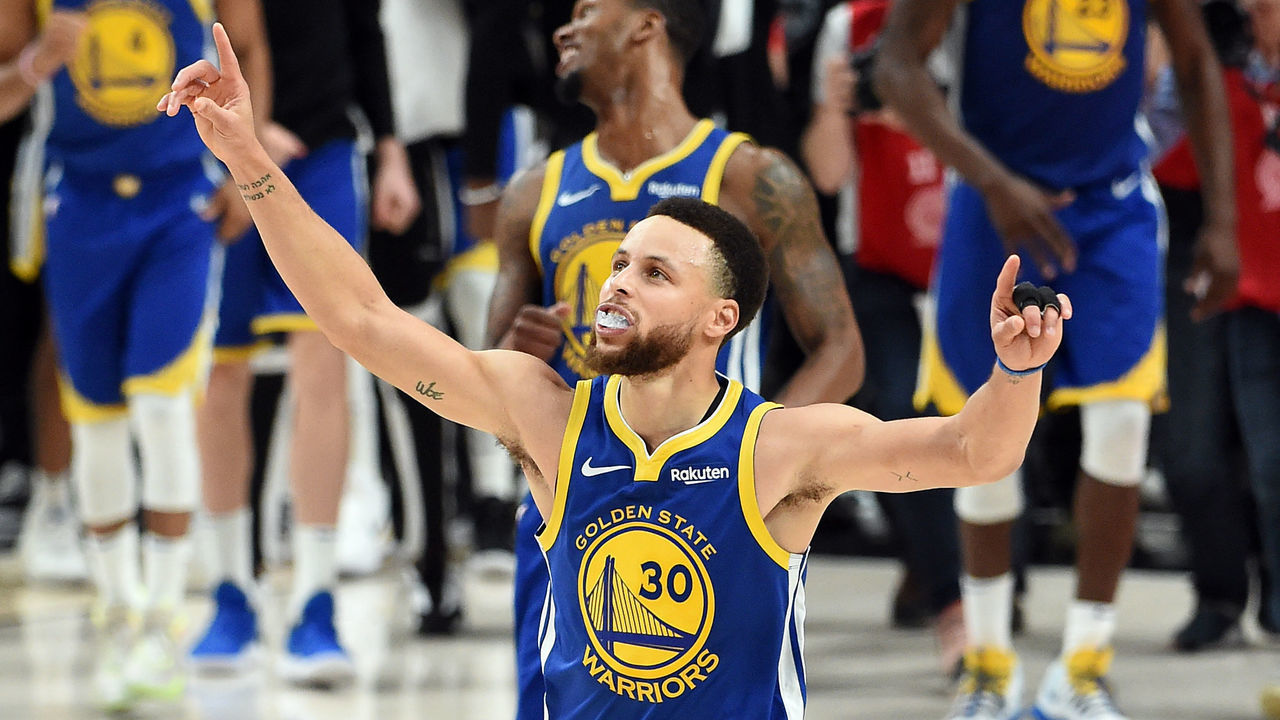 PORTLAND, OREGON - MAY 20: Stephen Curry #30 of the Golden State Warriors celebrates defeating the Portland Trail Blazers 119-117 during overtime in game four of the NBA Western Conference Finals to advance to the 2019 NBA Finals at Moda Center on May 20, 2019 in Portland, Oregon.