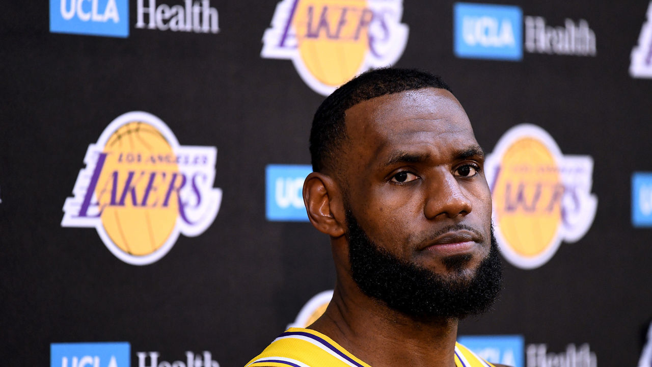 EL SEGUNDO, CA - SEPTEMBER 24: LeBron James of the Los Angeles Lakers reacts as he speaks to the media during the Los Angeles Lakers Media Day at the UCLA Health Training Center on September 24, 2018 in El Segundo, California.