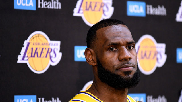 EL SEGUNDO, CA - SEPTEMBER 24: LeBron James of the Los Angeles Lakers reacts as he speaks to the media during the Los Angeles Lakers Media Day at the UCLA Health Training Center on September 24, 2018 in El Segundo, California.