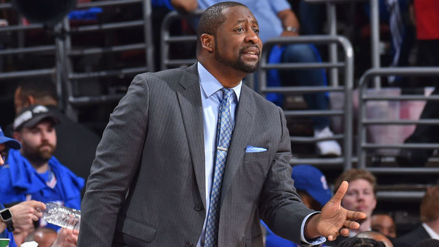 PHILADELPHIA, PA - MAY 2: Assistant Coach, Adrian Griffin of the Toronto Raptors coaches during a game against the Philadelphia 76ers gduring Game Three of the Eastern Conference Semifinals on May 2, 2019 at the Wells Fargo Center in Philadelphia, Pennsylvania NOTE TO USER: User expressly acknowledges and agrees that, by downloading and/or using this Photograph, user is consenting to the terms and conditions of the Getty Images License Agreement. Mandatory Copyright Notice: Copyright 2019 NBAE