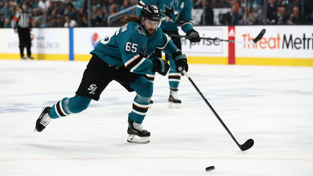 SAN JOSE, CALIFORNIA - MAY 19: Erik Karlsson #65 of the San Jose Sharks skates after a puck against the St. Louis Blues in Game Five of the Western Conference Final during the 2019 NHL Stanley Cup Playoffs at SAP Center on May 19, 2019 in San Jose, California.