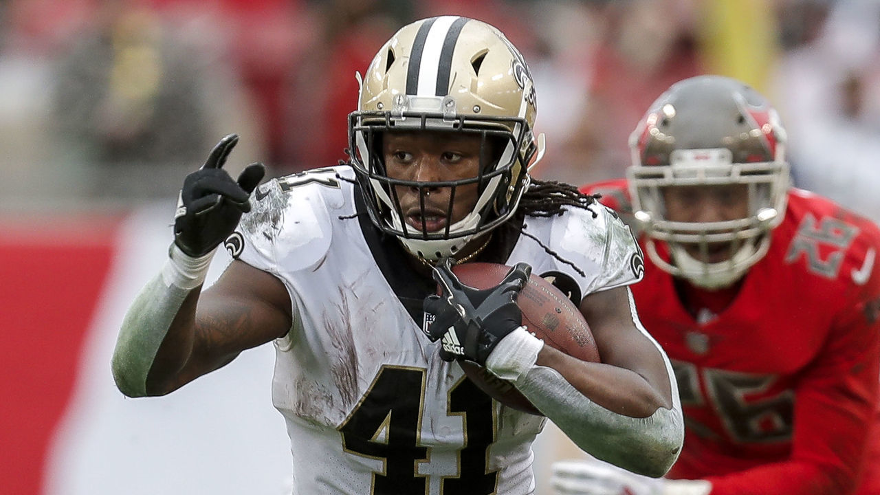 TAMPA, FL - DECEMBER 9: Runningback Alvin Kamara #41 of the New Orleans Saints on a running play during the game against the Tampa Bay Buccaneers at Raymond James Stadium on December 9, 2018 in Tampa, Florida. The Saints defeated the Buccaneers 28 to 14 to win the NFC South conference title.