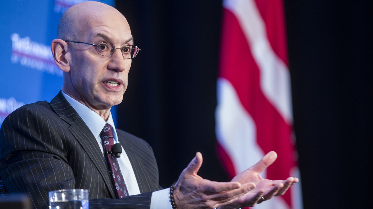 WASHINGTON, DC - MAY 09: NBA Commissioner Adam Silver discusses the state of the NBA and professional sports with Economic Club President David Rubenstein during and event hosted by the Economic Club of Washington, D.C. at the Capitol Hilton on May 9, 2019 in Washington, DC.
