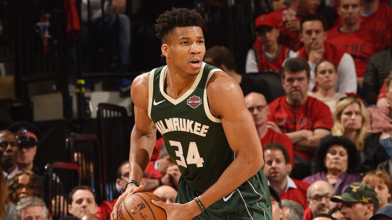 TORONTO, CANADA - MAY 19: Giannis Antetokounmpo #34 of the Milwaukee Bucks looks to pass the ball during the game against the Toronto Raptors during Game Three of the Eastern Conference Finals of the 2019 NBA Playoffs on May 19, 2019 at the Scotiabank Arena in Toronto, Ontario, Canada. Mandatory Copyright Notice: Copyright 2019 NBAE