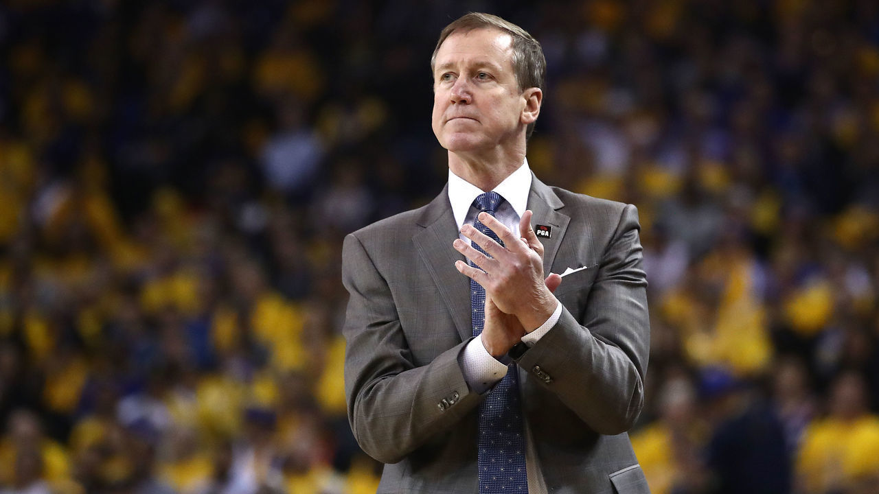 OAKLAND, CALIFORNIA - MAY 16: Terry Stotts of the Portland Trail Blazers looks on in game two of the NBA Western Conference Finals against the Golden State Warriors at ORACLE Arena on May 16, 2019 in Oakland, California.