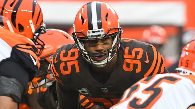 CLEVELAND, OH - DECEMBER 23, 2018: Defensive end Myles Garrett #95 of the Cleveland Browns awaits the snap in the fourth quarter of a game against the Cincinnati Bengals on December 23, 2018 at FirstEnergy Stadium in Cleveland, Ohio. Cleveland won 26-18. (Photo by: 2018 Nick Cammett/Diamond Images/Getty Images)