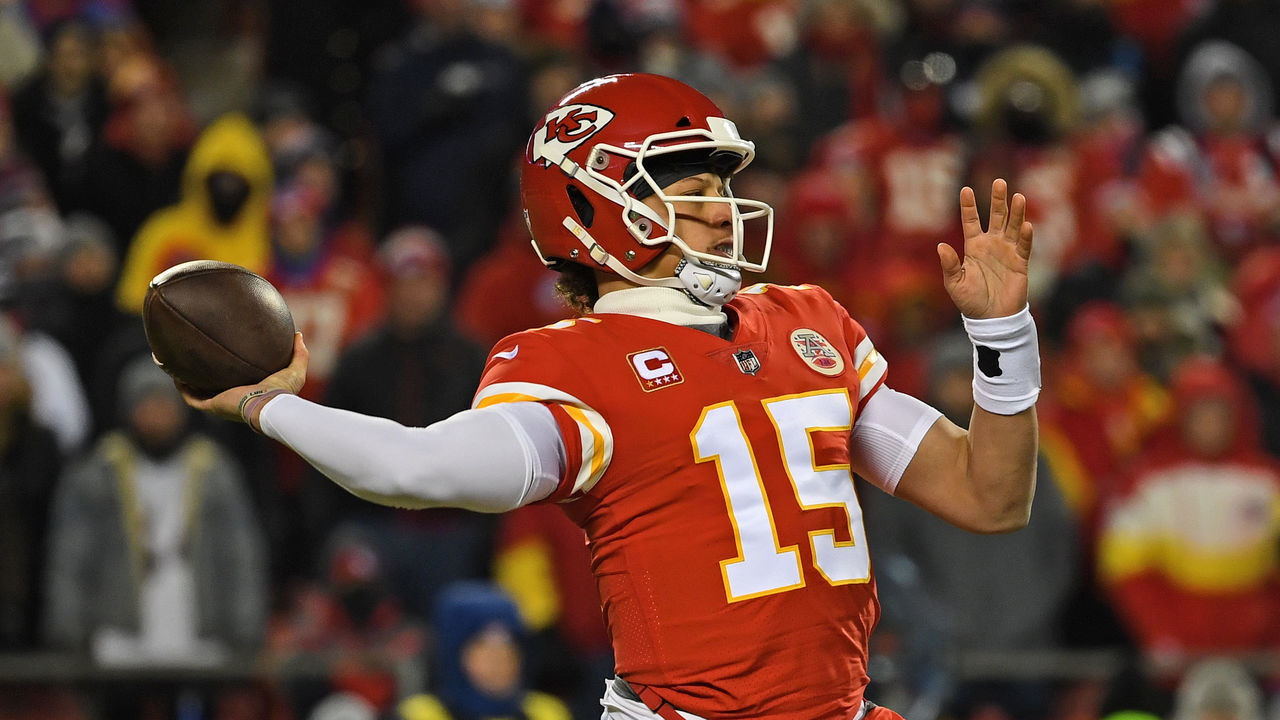 KANSAS CITY, MO - JANUARY 20: Quarterback Patrick Mahomes #15 of the Kansas City Chiefs throws a pass down field during the first half of the AFC Championship Game against the New England Patriots at Arrowhead Stadium on January 20, 2019 in Kansas City, Missouri.