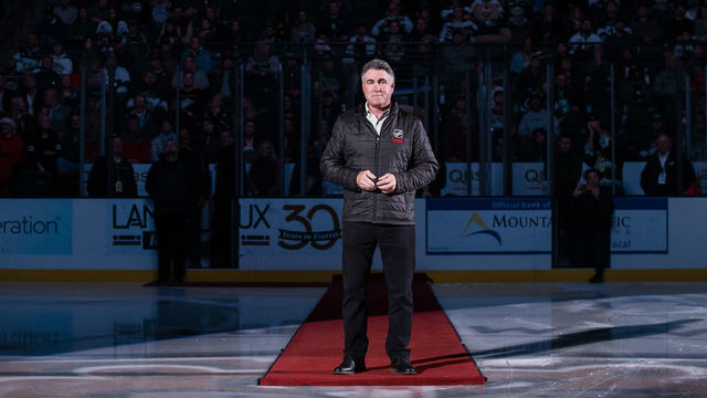 EVERETT, WA - DECEMBER 15: NHL Seattle Senior Advisor Dave Tippett is introduced to the crowd before a game between the Seattle Thunderbirds and the Everett Silvertips on Saturday, December 15, 2018 at Angel of the Winds Arena in Everett, WA.