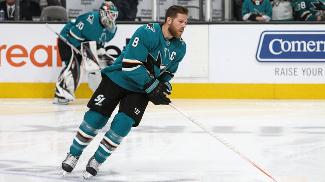 SAN JOSE, CA - MAY 19: Joe Pavelski #8 of the San Jose Sharks skates during warmups against the St. Louis Blues in Game Five of the Western Conference Final during the 2019 NHL Stanley Cup Playoffs at SAP Center on May 19, 2019 in San Jose, California
