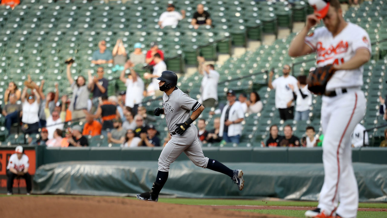 BALTIMORE, MARYLAND - MAY 21: Gary Sanchez #24 of the New York Yankees rounds the bases after hitting a three run home run off of pitcher David Hess #41 of the Baltimore Orioles at Oriole Park at Camden Yards on May 21, 2019 in Baltimore, Maryland.