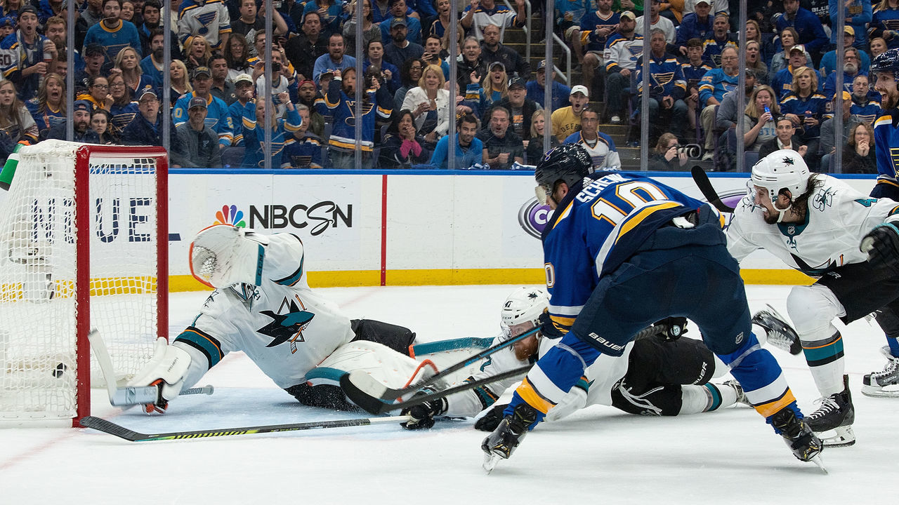 ST. LOUIS, MO - MAY 21: St. Louis Blues center Brayden Schenn #10 scores a goal against the San Jose Sharks in Game Six of the Western Conference Final during the 2019 NHL Stanley Cup Playoffs at Enterprise Center on May 21, 2019 in St. Louis, Missouri.