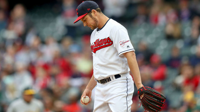 CLEVELAND, OH - MAY 21: Cleveland Indians starting pitcher Trevor Bauer (47) reacts after loading the bases with a walk during the second inning of the Major League Baseball game between the Oakland Athletics and Cleveland Indians on May 21, 2019, at Progressive Field in Cleveland, OH.