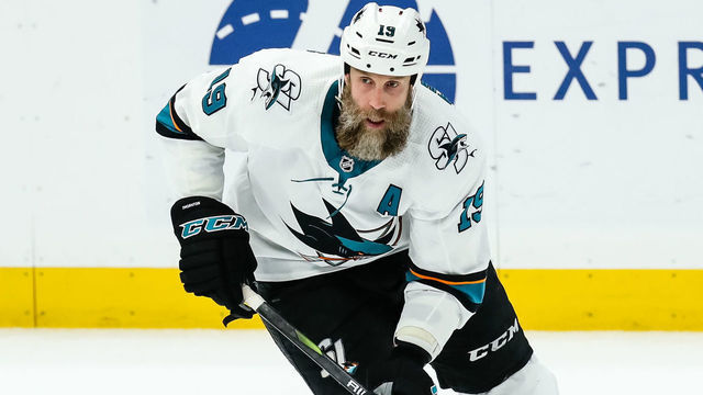 ST. LOUIS, MO - MAY 17: San Jose Sharks' Joe Thornton looks to make a play with the puck during the second period of Game 4 of the NHL hockey Stanley Cup Western Conference final series between the St. Louis Blues and the San Jose Sharks on May 17, 2019, at the Enterprise Center in St. Louis, MO.