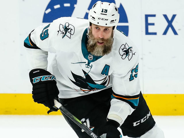 ST. LOUIS, MO - MAY 17: San Jose Sharks' Joe Thornton looks to make a play with the puck during the second period of Game 4 of the NHL hockey Stanley Cup Western Conference final series between the St. Louis Blues and the San Jose Sharks on May 17, 2019, at the Enterprise Center in St. Louis, MO.
