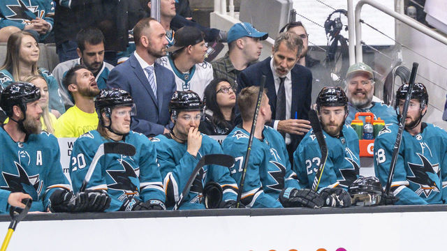 SAN JOSE, CA - APRIL 18: San Jose Sharks Head Coach Peter DeBoer watches comfortably with a 2 point lead in the 1st period of Game 5, Round 1 between the Vegas Golden Knights and the San Jose Sharks on Thursday, April 18, 2019 at the SAP Center in San Jose, California.