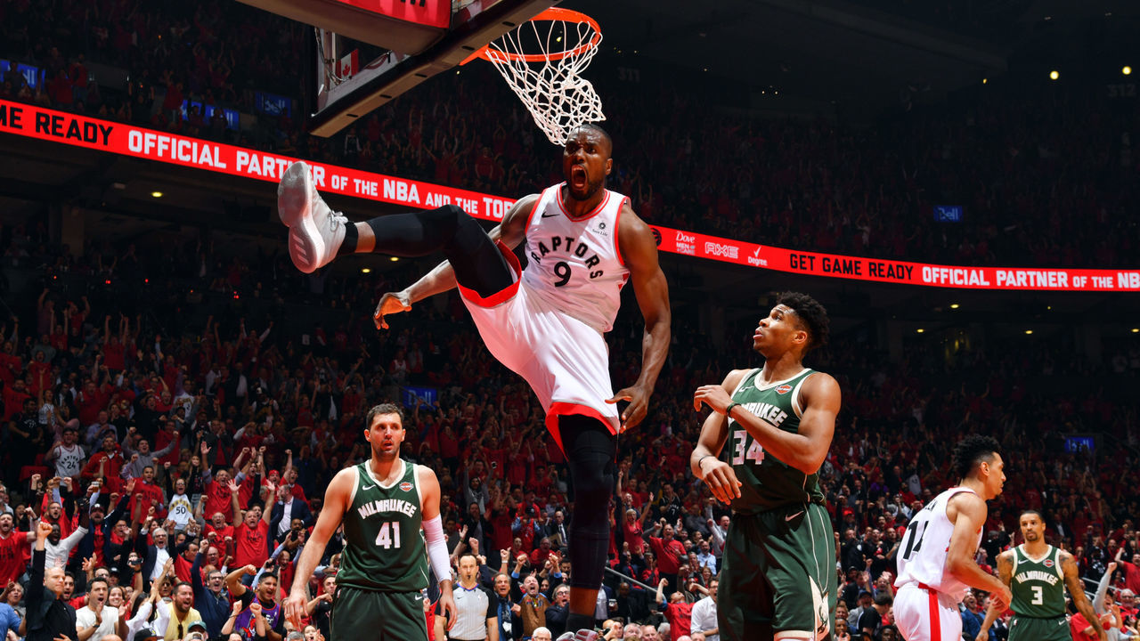 TORONTO, CANADA - MAY 21: Serge Ibaka #9 of the Toronto Raptors reacts during a game against the Milwaukee Bucks during Game Four of the Eastern Conference Finals of the 2019 NBA Playoffs on May 19, 2019 at the Scotiabank Arena in Toronto, Ontario, Canada. Mandatory Copyright Notice: Copyright 2019 NBAE