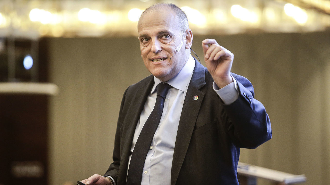 MACAU - MARCH 06: The LaLiga President Javier Tebas makes a speech during SPORTELAisa of sport media and technology convention on March 6, 2019 in Macau, China.