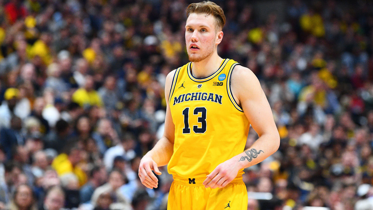 ANAHEIM, CA - MARCH 28: Michigan forward Ignas Brazdeikis (13) looks on during the NCAA Division I Men's Championship Sweet Sixteen round basketball game between the Texas Tech Red Raiders and the Michigan Wolverines on March 28, 2019 at Honda Center in Anaheim, CA.