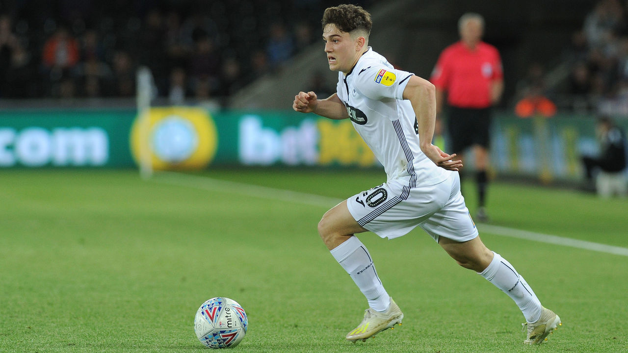 SWANSEA, WALES - MAY 01: Daniel James of Swansea City in action during the Sky Bet Championship match between Swansea City and Derby County at the Liberty Stadium on May 01, 2019 in Swansea, Wales.
