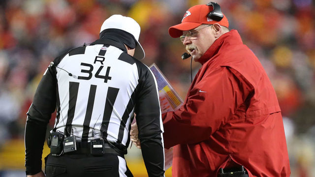 KANSAS CITY, MO - JANUARY 20: Kansas City Chiefs head coach Andy Reid argues with referee Clete Blakeman (34) after a muffed punt by New England Patriots wide receiver Julian Edelman (11) was reversed by replay with 8:47 left in the fourth quarter of the AFC Championship Game game between the New England Patriots and Kansas City Chiefs on January 20, 2019 at Arrowhead Stadium in Kansas City, MO.