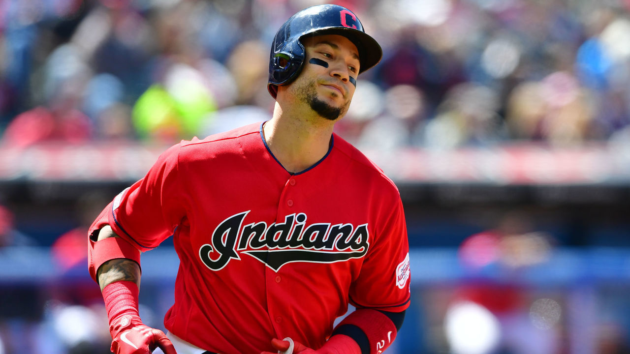 CLEVELAND, OHIO - MAY 05: Carlos Gonzalez #24 of the Cleveland Indians reacts as he runs out a pop fly with men on base to end the fourth inning against the Seattle Mariners at Progressive Field on May 05, 2019 in Cleveland, Ohio.