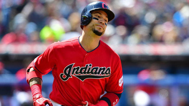 CLEVELAND, OHIO - MAY 05: Carlos Gonzalez #24 of the Cleveland Indians reacts as he runs out a pop fly with men on base to end the fourth inning against the Seattle Mariners at Progressive Field on May 05, 2019 in Cleveland, Ohio.
