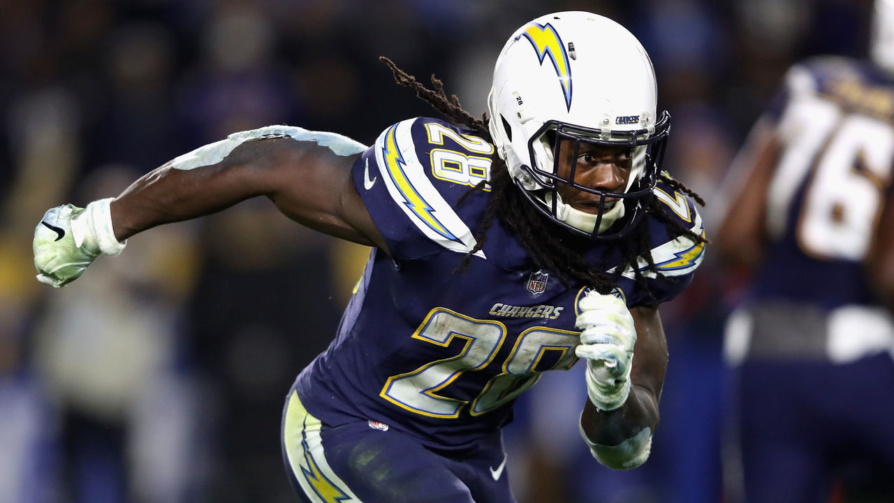 CARSON, CA - DECEMBER 22: Melvin Gordon #28 of the Los Angeles Chargers runs on a pass play during the second half of a game against the Baltimore Ravens at StubHub Center on December 22, 2018 in Carson, California.