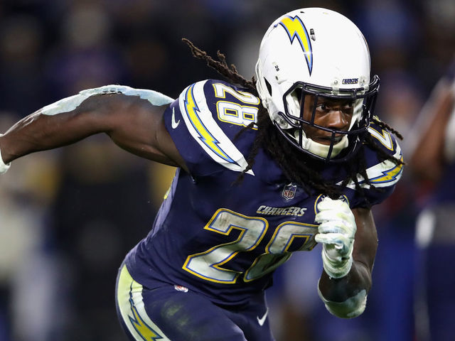 CARSON, CA - DECEMBER 22: Melvin Gordon #28 of the Los Angeles Chargers runs on a pass play during the second half of a game against the Baltimore Ravens at StubHub Center on December 22, 2018 in Carson, California.