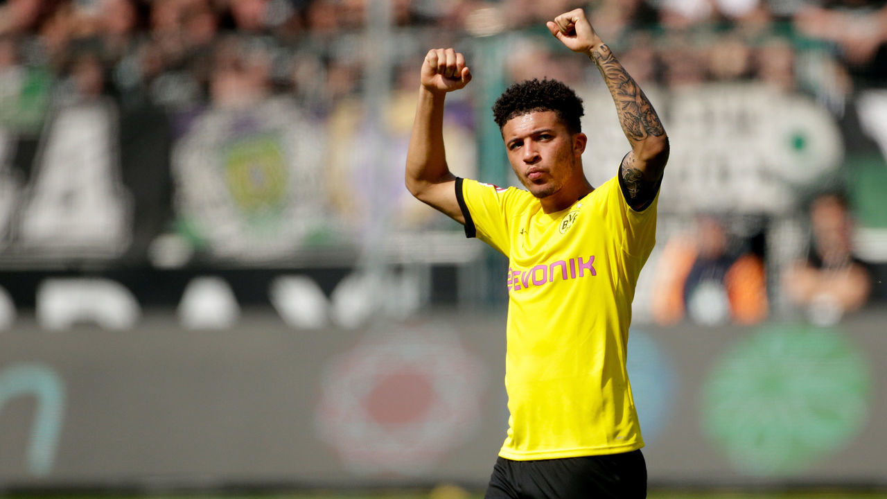 MONCHENGLADBACH, GERMANY - MAY 18: Jadon Sancho of Borussia Dortmund during the German Bundesliga match between Borussia Monchengladbach v Borussia Dortmund at the Borussia Park on May 18, 2019 in Monchengladbach Germany
