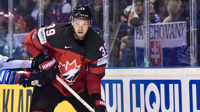 KOSICE, SLOVAKIA - MAY 21: Brady Skjei #76 of USA tackles Anthony Mantha #39 of Canada during the 2019 IIHF Ice Hockey World Championship Slovakia group A game between Canada and United States at Steel Arena on May 21, 2019 in Kosice, Slovakia.