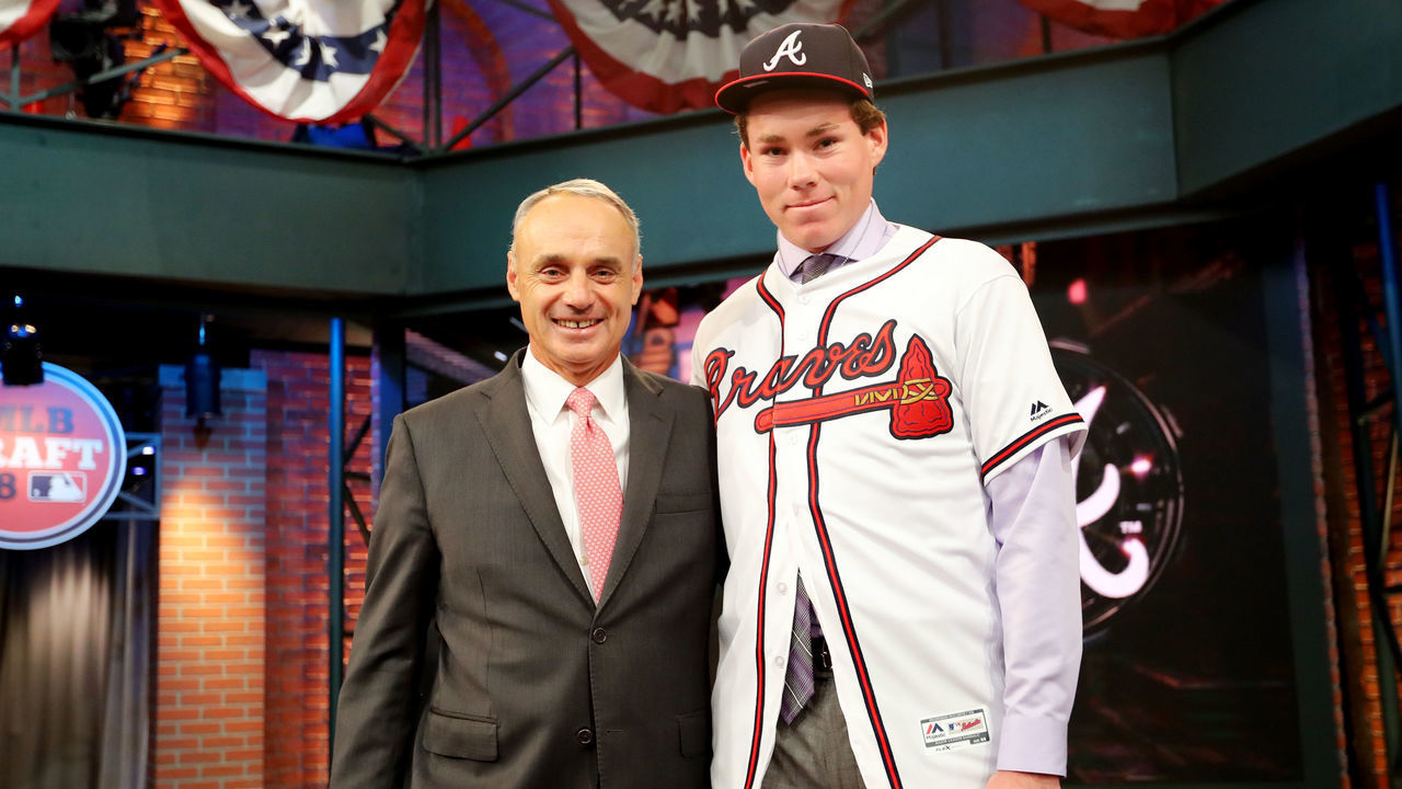 SECAUCUS, NJ - JUNE : Major League Baseball Commissioner Robert D. Manfred Jr. poses for a photo with eighth overall selection in the 2018 MLB Draft Carter Stewart during the 2018 Major League Baseball Draft at Studio 42 at the MLB Network on Monday, June 4, 2018 in Secaucus, New Jersey.