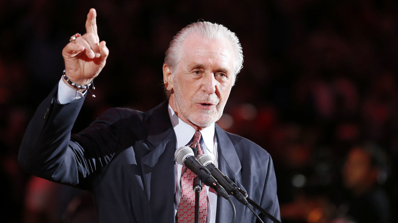 MIAMI, FLORIDA - MARCH 26: Miami Heat president Pat Riley addresses the crowd during Chris Bosh's jersey retirement ceremony during halftime of the game between the Miami Heat and the Orlando Magic at American Airlines Arena on March 26, 2019 in Miami, Florida.