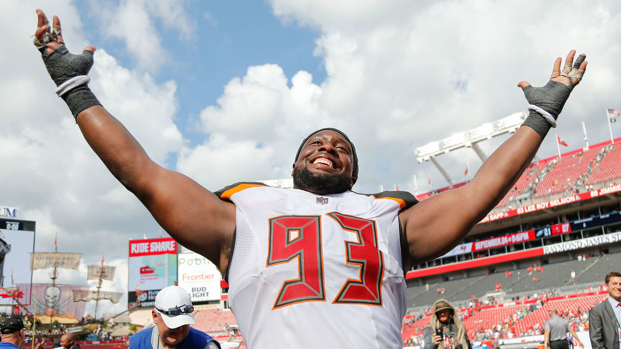 TAMPA, FL - SEPTEMBER 16: Gerald McCoy #93 of the Tampa Bay Buccaneers reacts after they defeated the Philadelphia Eagles 27-21 at Raymond James Stadium on September 16, 2018 in Tampa, Florida.