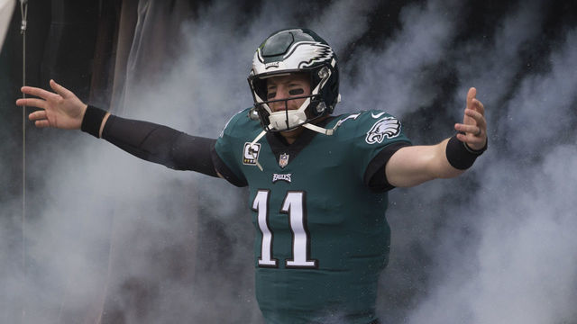 PHILADELPHIA, PA - OCTOBER 21: Carson Wentz #11 of the Philadelphia Eagles is introduced prior to the game against the Carolina Panthers at Lincoln Financial Field on October 21, 2018 in Philadelphia, Pennsylvania.