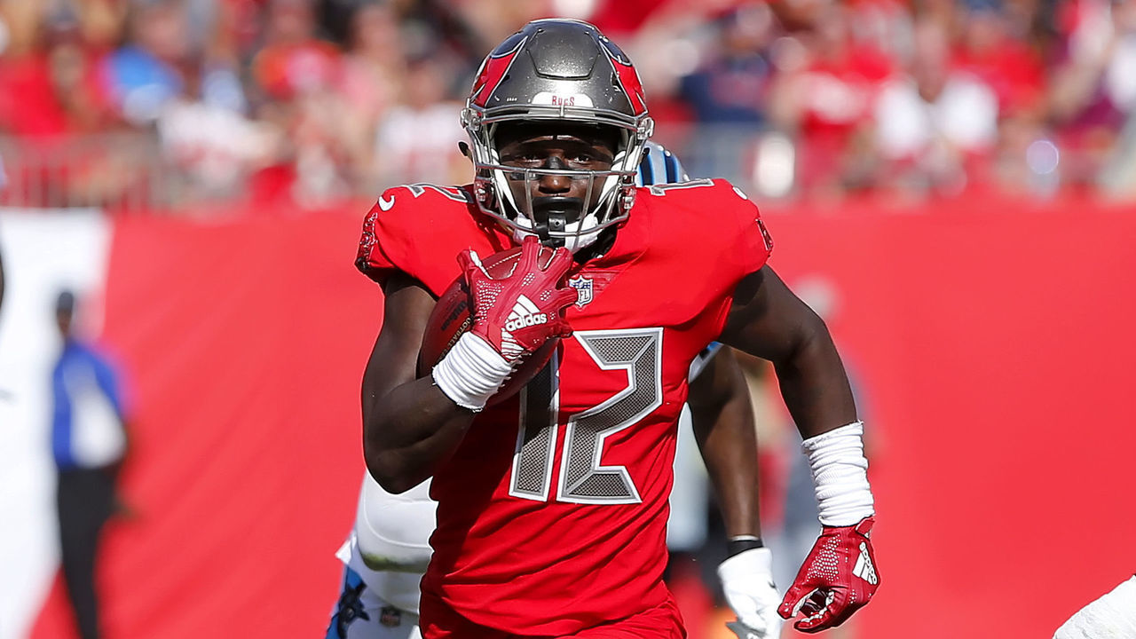 TAMPA, FL - DEC 02: Chris Godwin (12) of the Bucs runs with the ball after making the catch during the regular season game between the Carolina Panthers and the Tampa Bay Buccaneers on December 02, 2018 at Raymond James Stadium in Tampa, Florida.