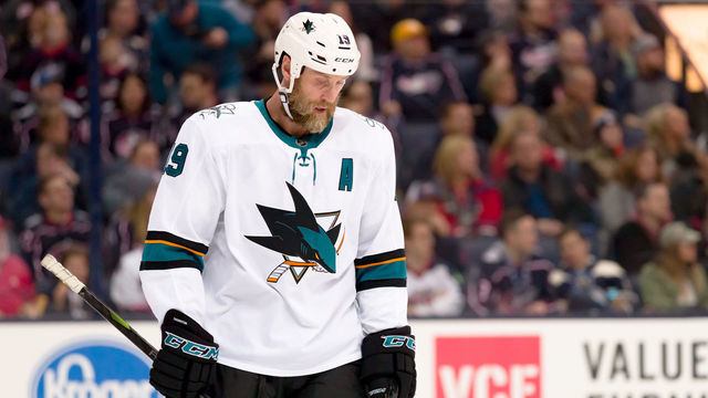 COLUMBUS, OH - FEBRUARY 23: San Jose Sharks center Joe Thornton (19) is dejected in a game between the Columbus Blue Jackets and the San Jose Sharks on February 23, 2019 at Nationwide Arena in Columbus, OH.