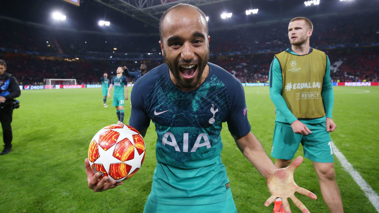 AMSTERDAM, NETHERLANDS - MAY 08: Lucas Moura of Tottenham Hotspur celebrates with the match ball after scoring a hat trick during the UEFA Champions League Semi Final second leg match between Ajax and Tottenham Hotspur at the Johan Cruyff Arena on May 08, 2019 in Amsterdam, Netherlands.
