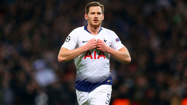 13th February 2019, Wembley Stadium, London England; UEFA Champions League football, Tottenham Hotspur versus Borussia Dortmund; Jan Vertonghen of Tottenham Hotspur celebrates after scoring his sides 2nd goal in the 83rd minute to make it 2-0