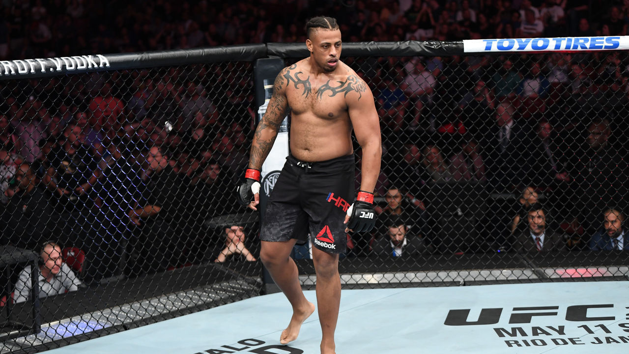 SUNRISE, FL - APRIL 27: Greg Hardy celebrates his TKO victory over Dmitrii Smoliakov of Russia in their heavyweight bout during the UFC Fight Night event at BB&T Center on April 27, 2019 in Sunrise, Florida.
