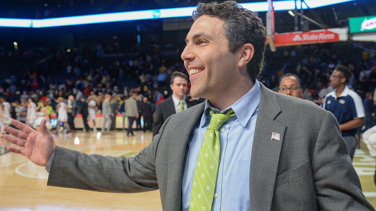 ATLANTA, GA MARCH 03: Georgia Tech head coach Josh Pastner smiles following the conclusion of the game between the Boston College Eagles and the Georgia Tech Yellow Jackets on March 3rd, 2019 at Hank McCamish Pavilion in Atlanta, GA.