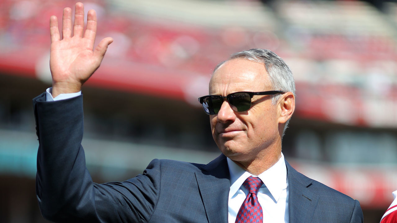 CINCINNATI, OH - MARCH 28: Major League Baseball commissioner Robert D. Manfred acknowledges the crowd during the pre-game ceremony prior to the game between the Pittsburgh Pirates and the Cincinnati Reds at Great American Ball Park on Thursday, March 28, 2019 in Cincinnati, Ohio.