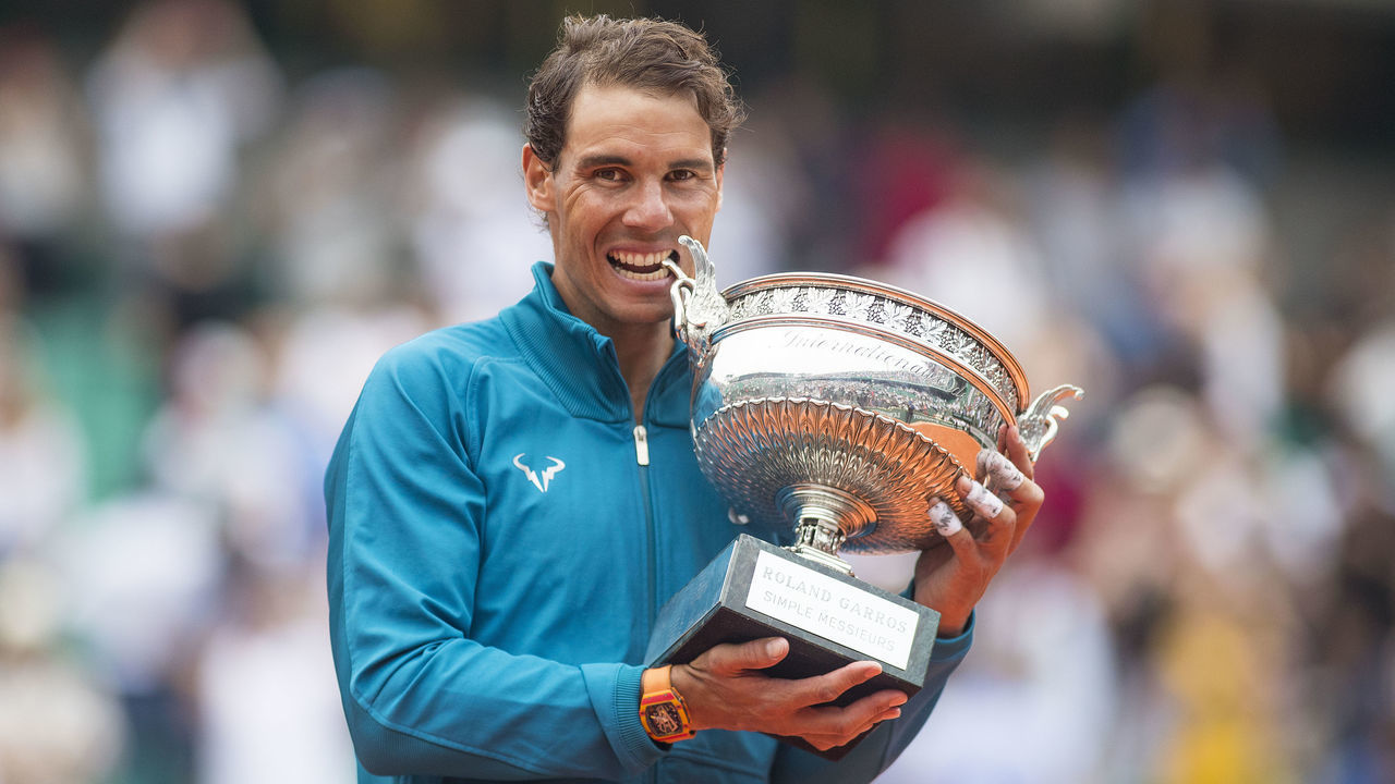 PARIS, FRANCE June 10. French Open Tennis Tournament - Day Fifteen. Rafael Nadal of Spain with the trophy after his victory against Dominic Thiem of Austria on Court Philippe-Chatrier during the Men's Singles Final at the 2018 French Open Tennis Tournament at Roland Garros on June 10th 2018 in Paris, France.