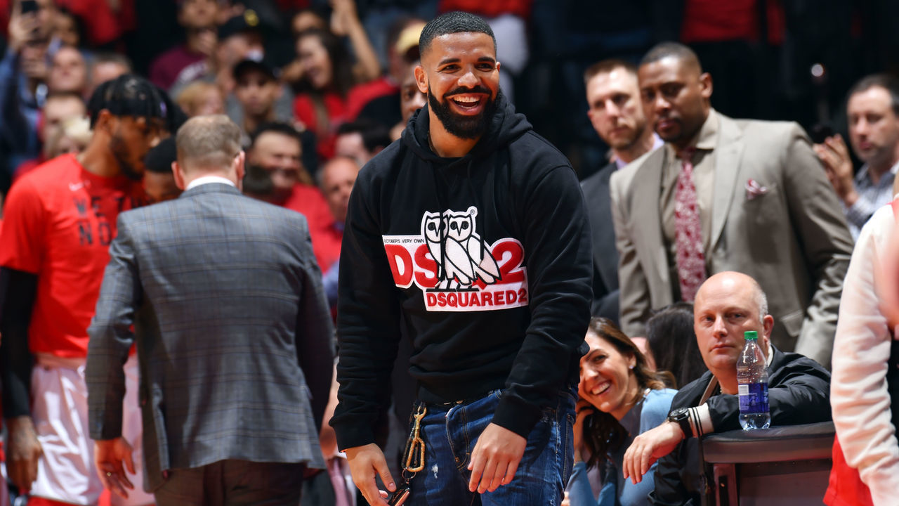 TORONTO, CANADA - MAY 21: Rapper, Drake, reacts during a game between the Milwaukee Bucks and the Toronto Raptors during Game Four of the Eastern Conference Finals of the 2019 NBA Playoffs on May 19, 2019 at the Scotiabank Arena in Toronto, Ontario, Canada. Mandatory Copyright Notice: Copyright 2019 NBAE