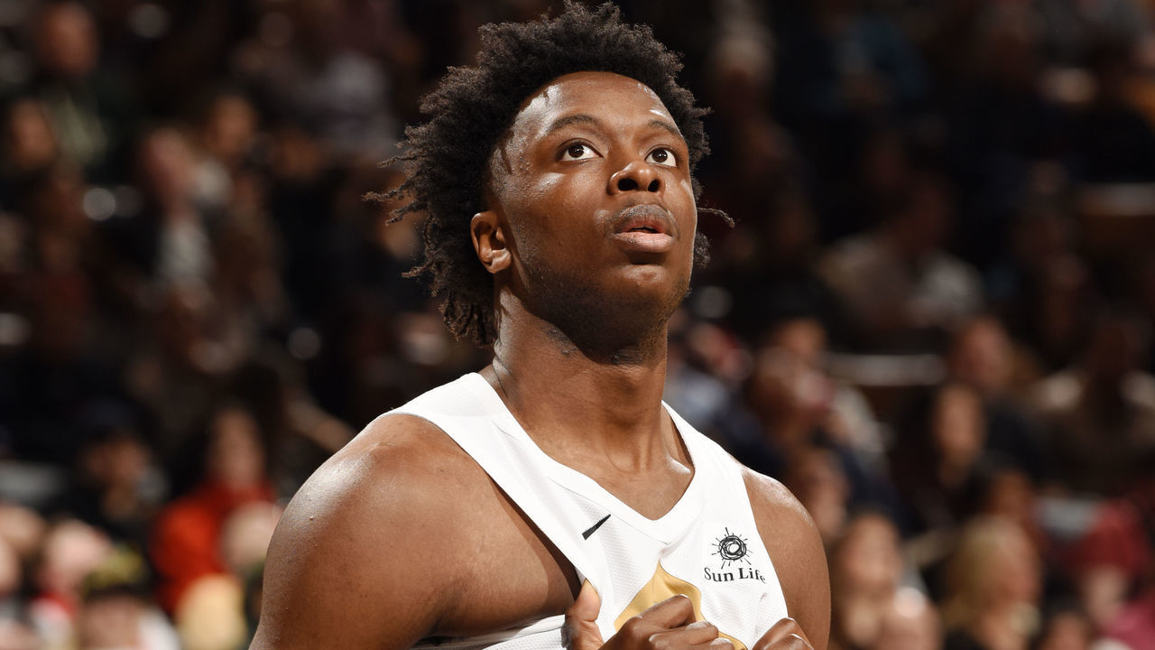 TORONTO, CANADA - MARCH 1: OG Anunoby #3 of the Toronto Raptors looks on during the game against the Portland Trail Blazers on March 1, 2019 at the Scotiabank Arena in Toronto, Ontario, Canada. Mandatory Copyright Notice: Copyright 2019 NBAE