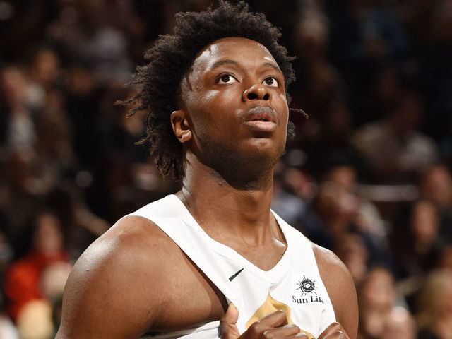 TORONTO, CANADA - MARCH 1: OG Anunoby #3 of the Toronto Raptors looks on during the game against the Portland Trail Blazers on March 1, 2019 at the Scotiabank Arena in Toronto, Ontario, Canada. Mandatory Copyright Notice: Copyright 2019 NBAE