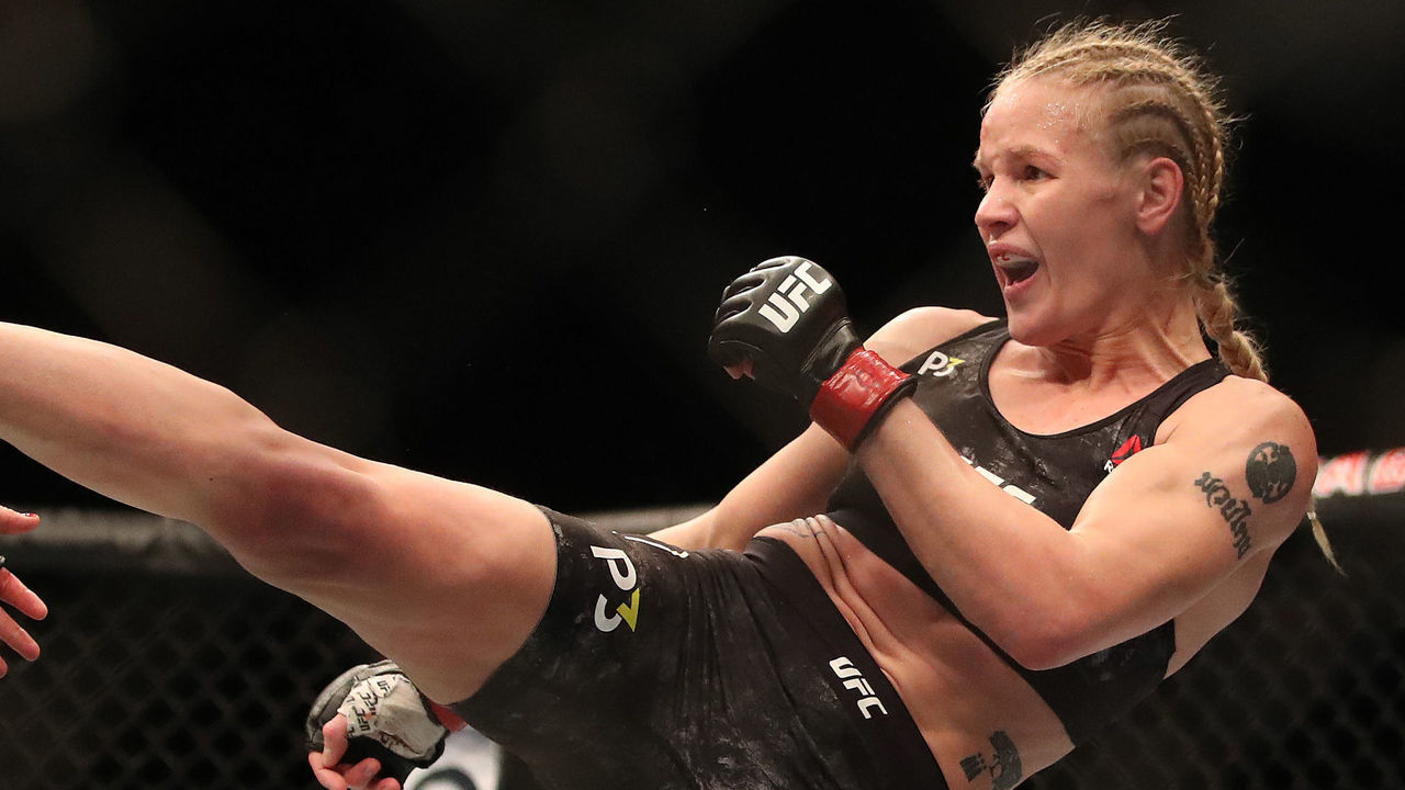 TORONTO, ON- DECEMBER 9 - Valentina Shevchenko, right, kicks Joanna Jedrzejczyk at UFC 231 at Scotiabank Arena. Shevchenko would win the UFC Flyweight Championship in Toronto. December 9, 2018. (Steve Russell/Toronto Star via Getty Images)