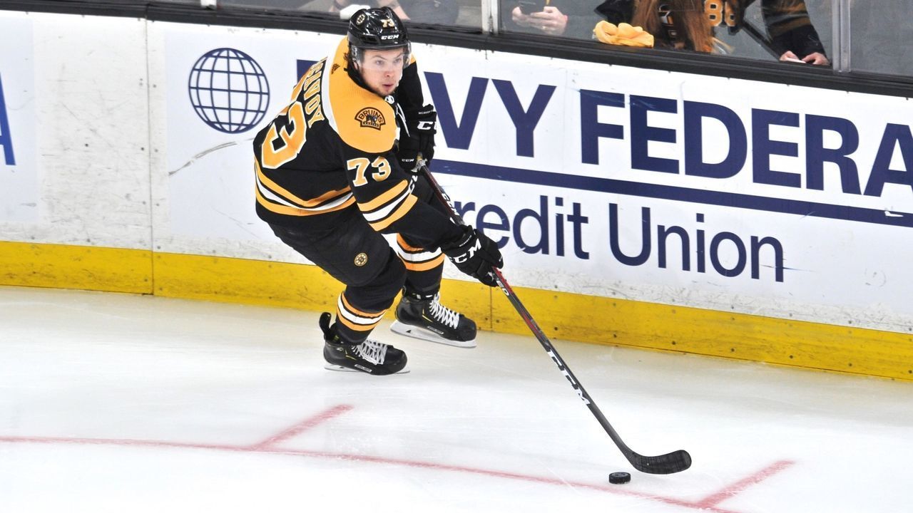 BOSTON, MA - MAY 04: Boston Bruins defenseman Charlie McAvoy (73) skates hard up ice along the boards with the puck. During Game 5 in the Second round of the Stanley Cup playoffs featuring the Boston Bruins against the Columbus Blue Jackets on May 04, 2019 at TD Garden in Boston, MA.