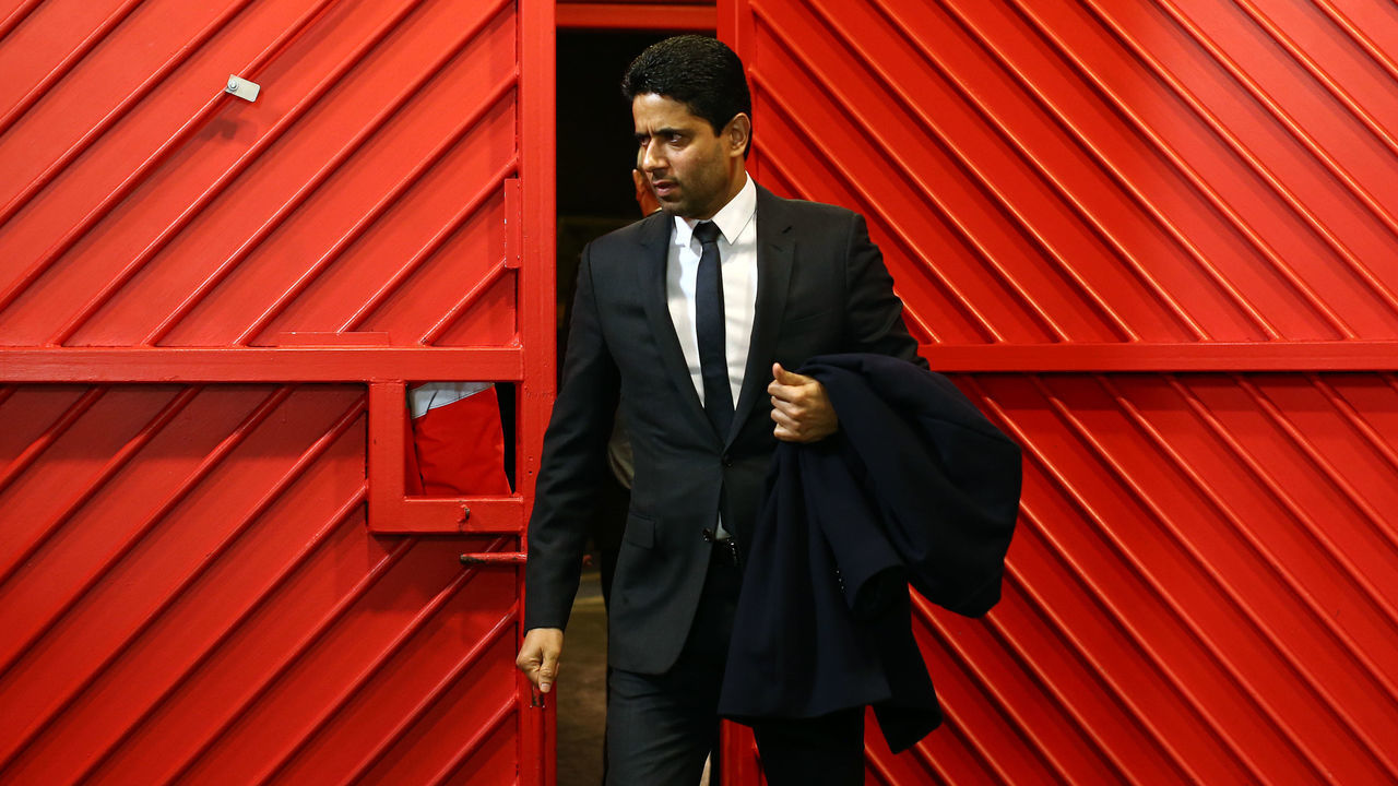 MANCHESTER, ENGLAND - FEBRUARY 12: PSG president Nasser Al-Khelaifi arrives ahead of the UEFA Champions League Round of 16 First Leg match between Manchester United and Paris Saint-Germain at Old Trafford on February 12, 2019 in Manchester, England.