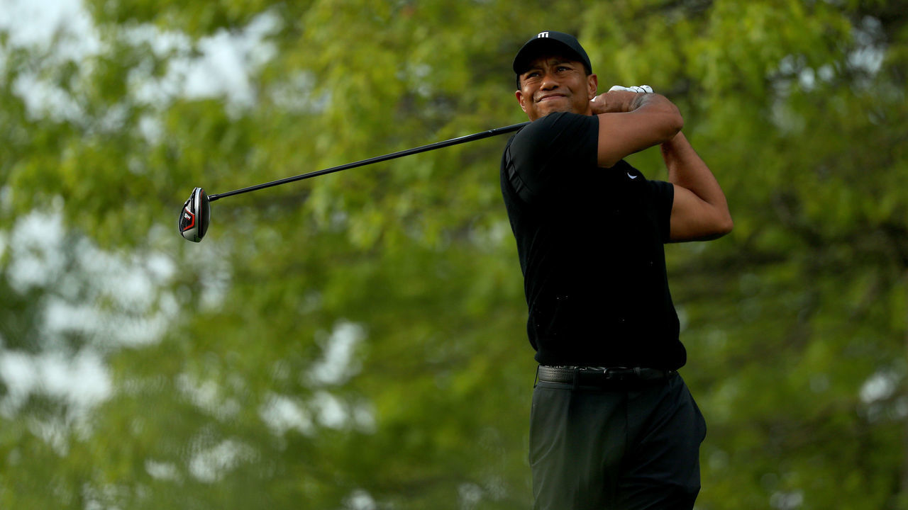 FARMINGDALE, NEW YORK - MAY 17: Tiger Woods of the United States plays his shot from the 18th tee during the second round of the 2019 PGA Championship at the Bethpage Black course on May 17, 2019 in Farmingdale, New York.