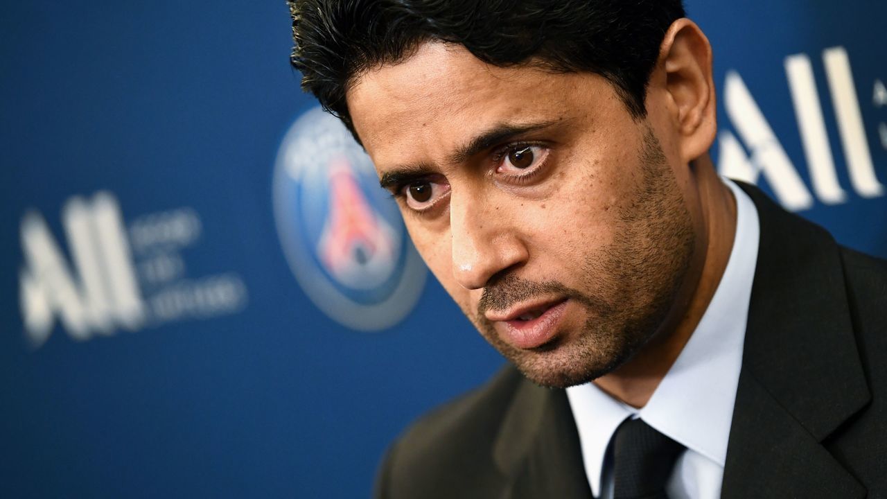 Paris Saint-Germain's Qatari president Nasser Al-Khelaifi answers to the press during a press conference to annonce new shirt sponsorship deal with the French multinational Accor at the Parc des Princes stadium in Paris on February 22, 2019. - PSG will wear on their shirts the logo of ALL, the loyalty program of Accor, one of the largest hotel chains in the world and whose headquarters are located just outside Paris.